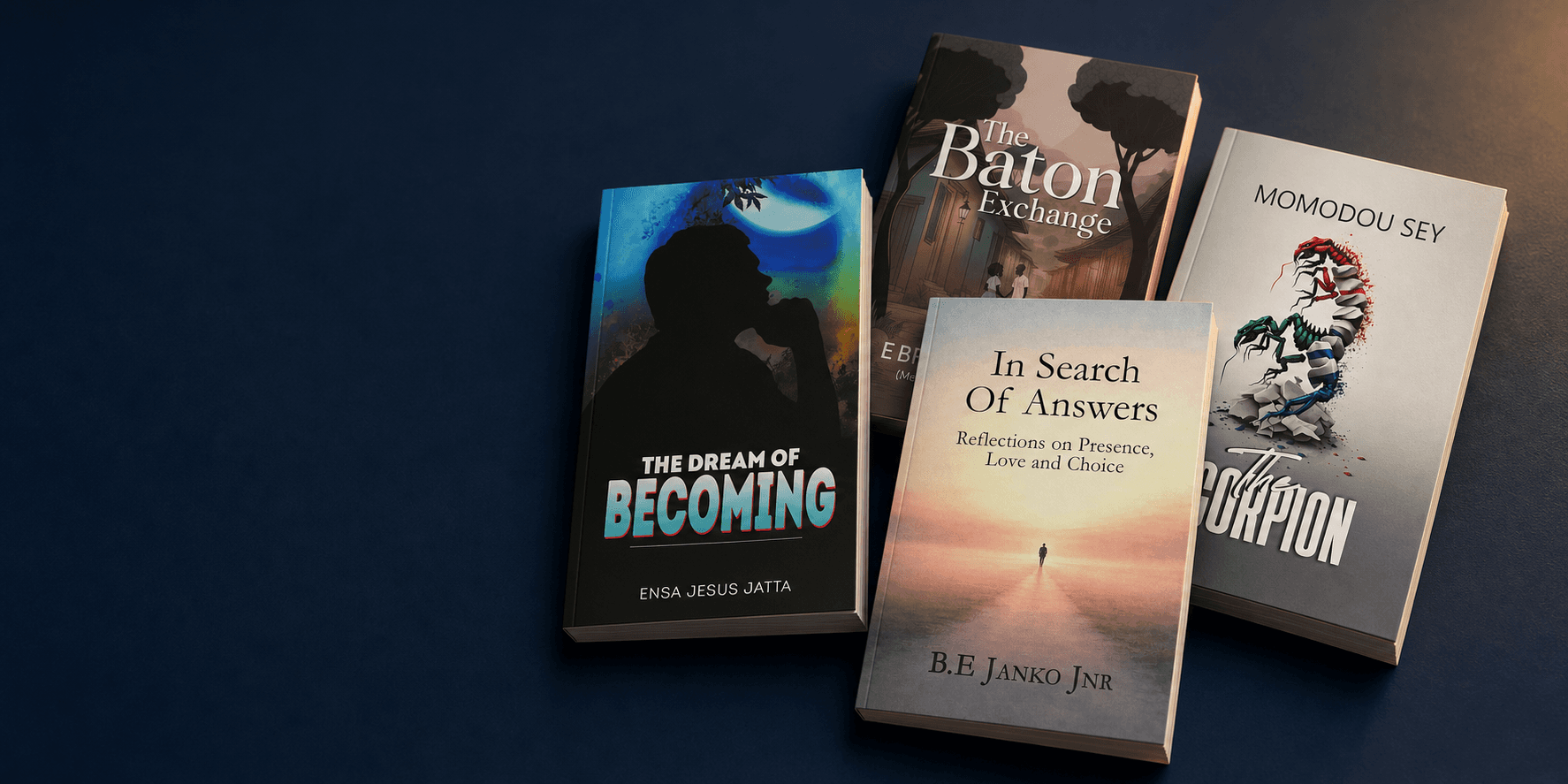 Books published by LexoGraphix Plus, including The Dream of Becoming, Baton Exchange, In Search of Answers and The Scorpion.